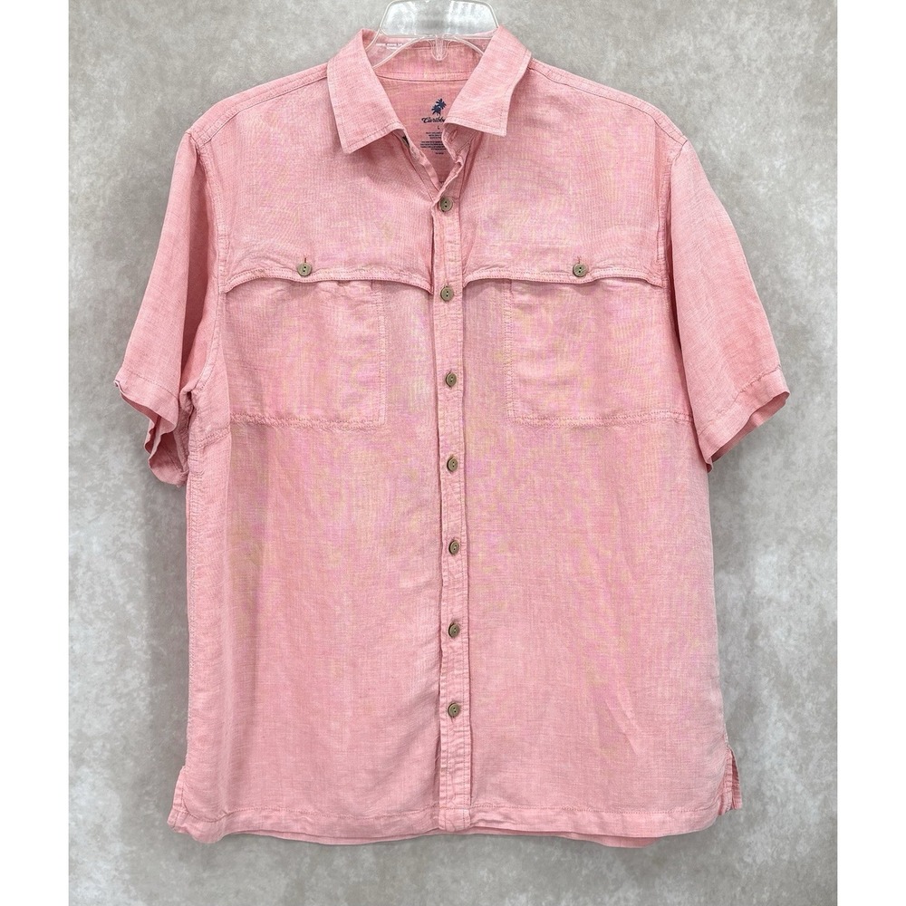 Caribbean Linen Blend Shirt Men's Size Large Salmon Pink Button Front Casual Top